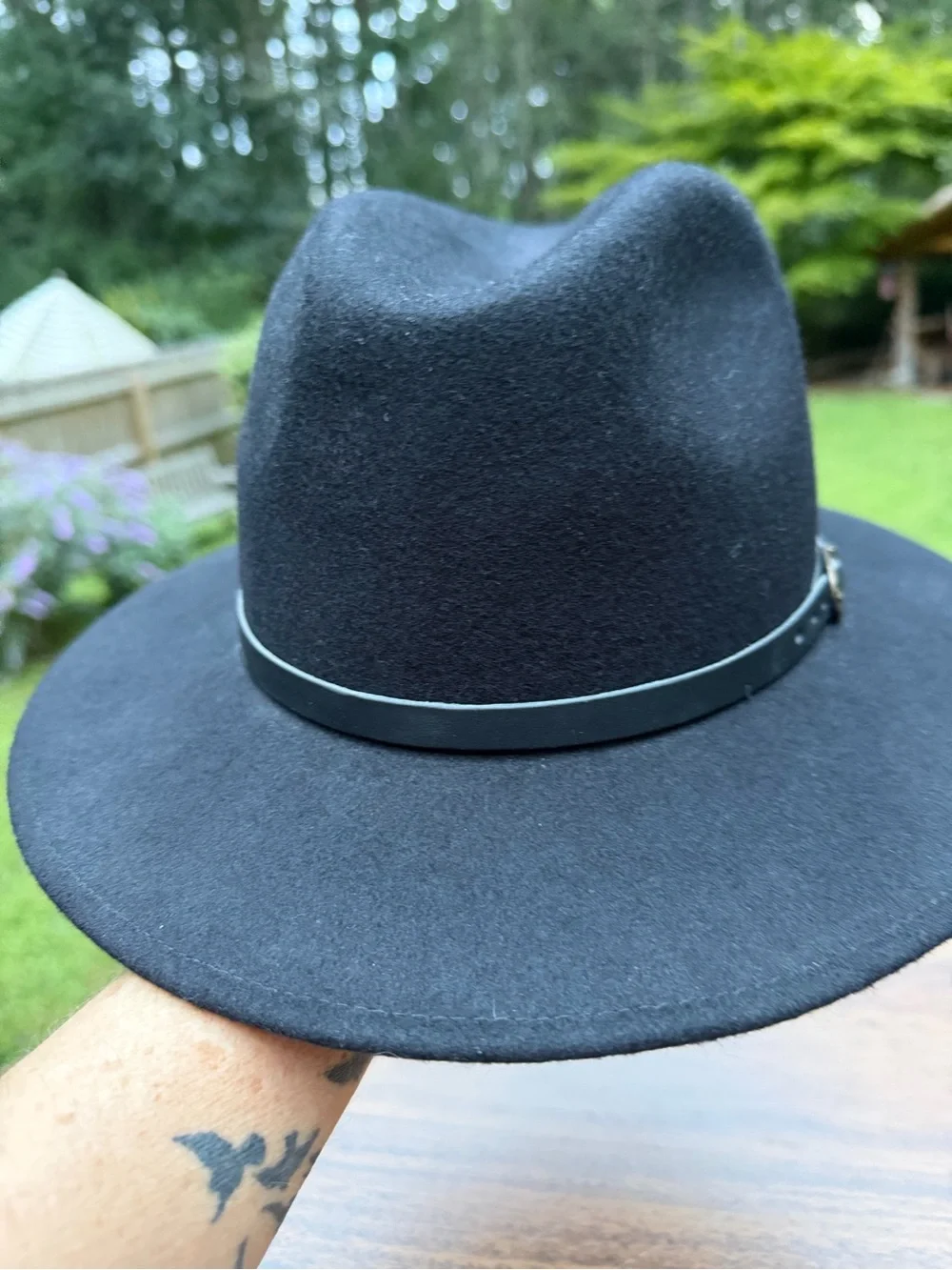 Gelso Bianco Black Wool Felt Fedora Hat Made in Italy Classic Wide Brim Buckle